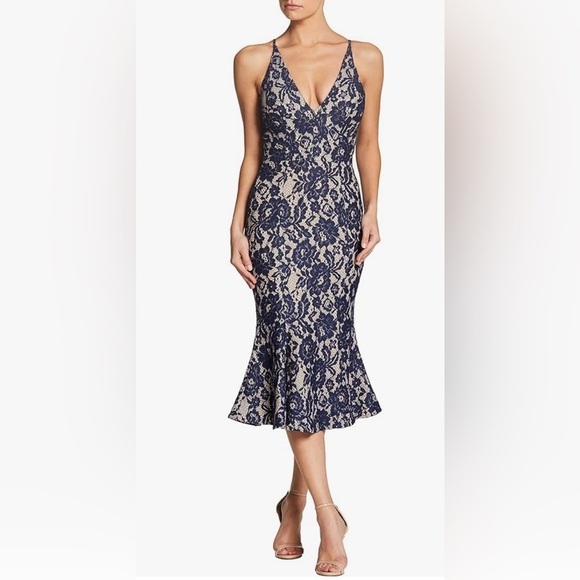 NEW Dress the Population Isabelle Plunging Mermaid Fitted Lace Midi Dress Sz S - Picture 1 of 12
